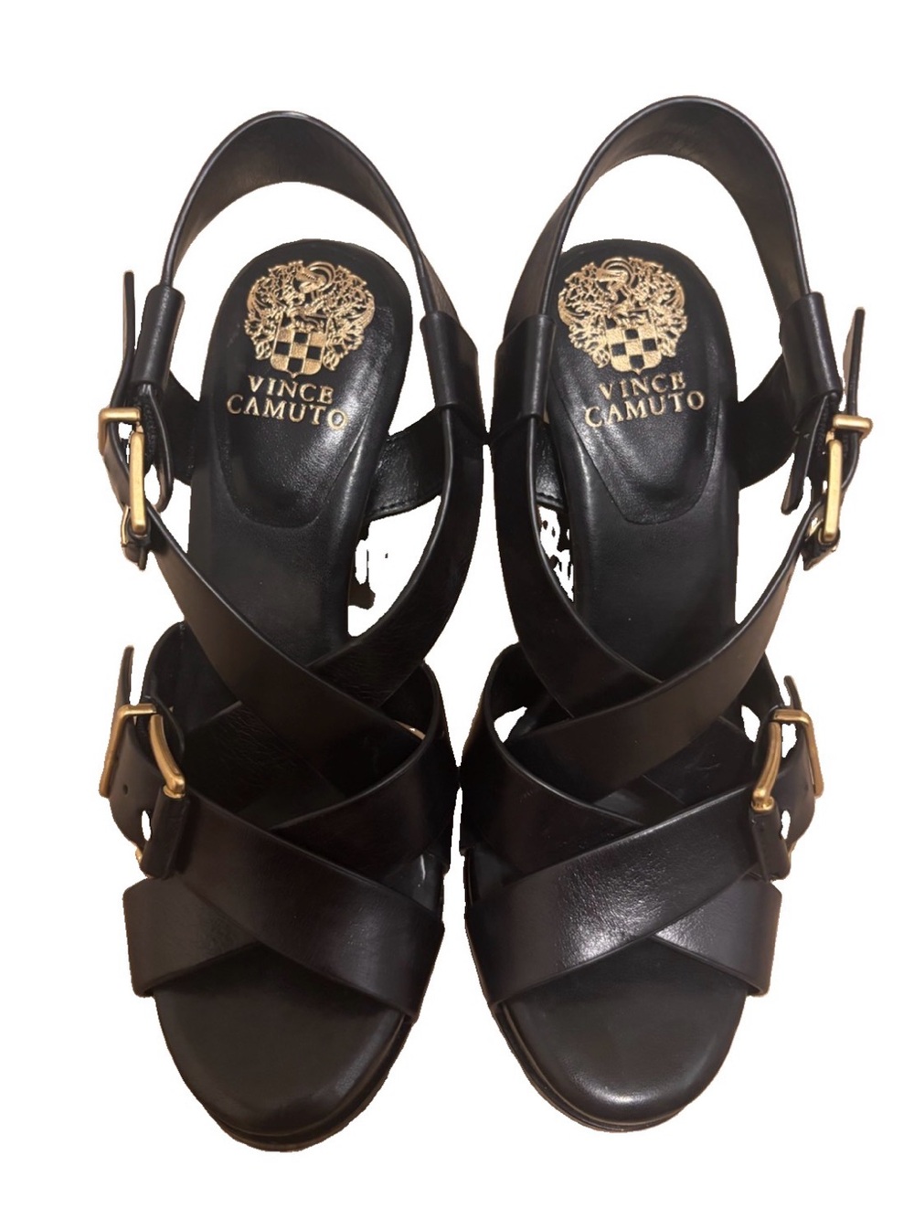Vince Camuto Black Leather Crossover Buckle Heels